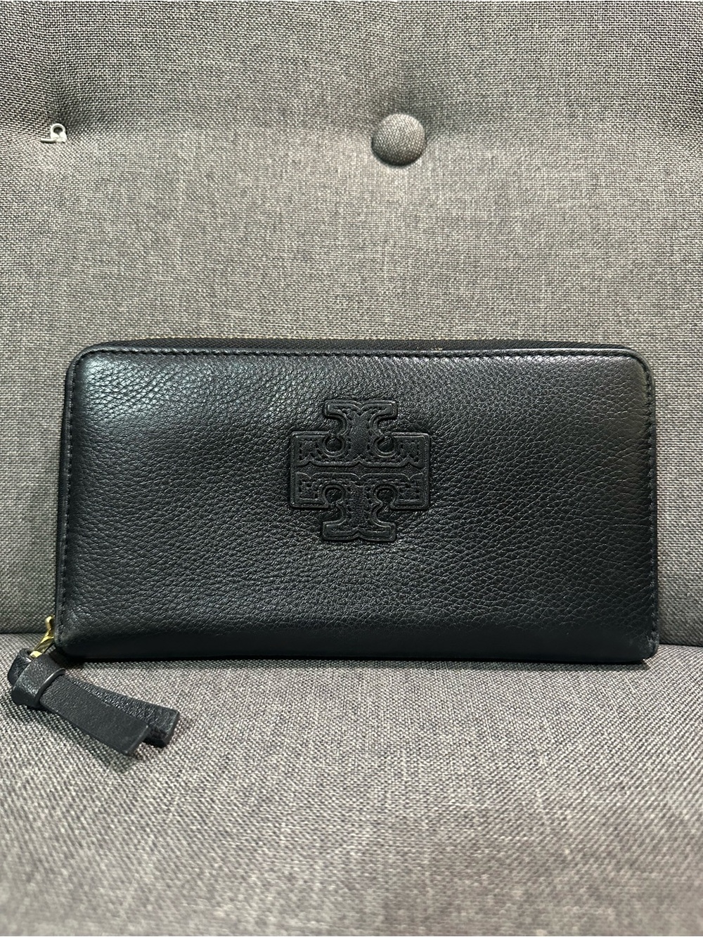 Tory Burch Black Pebbled Leather Zip Around Wallet